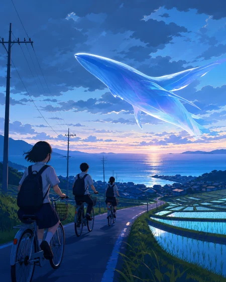 School friends cycling toward a coastal village before sunset, as a harmless local legend quietly proves true. Low viewpoint beside a field with characters moving toward the horizo