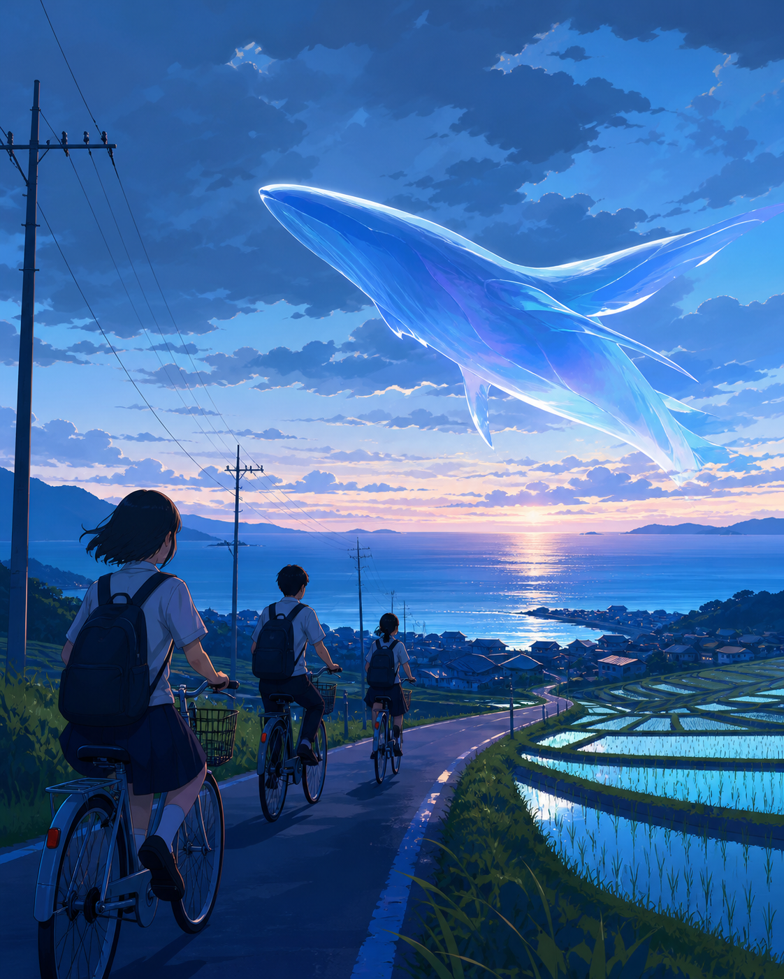 School friends cycling toward a coastal village before sunset, as a harmless local legend quietly proves true. Low viewpoint beside a field with characters moving toward the horizon. Ultramarine, bioluminescent turquoise