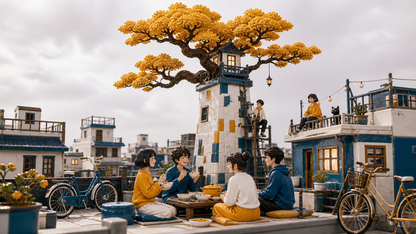 Neighbors sharing dinner beneath a tree growing from an impossible chimney, on a quiet weekend when residents use the shared roof together. Low intimate view with the supernatural element rising behind the group. Saffron