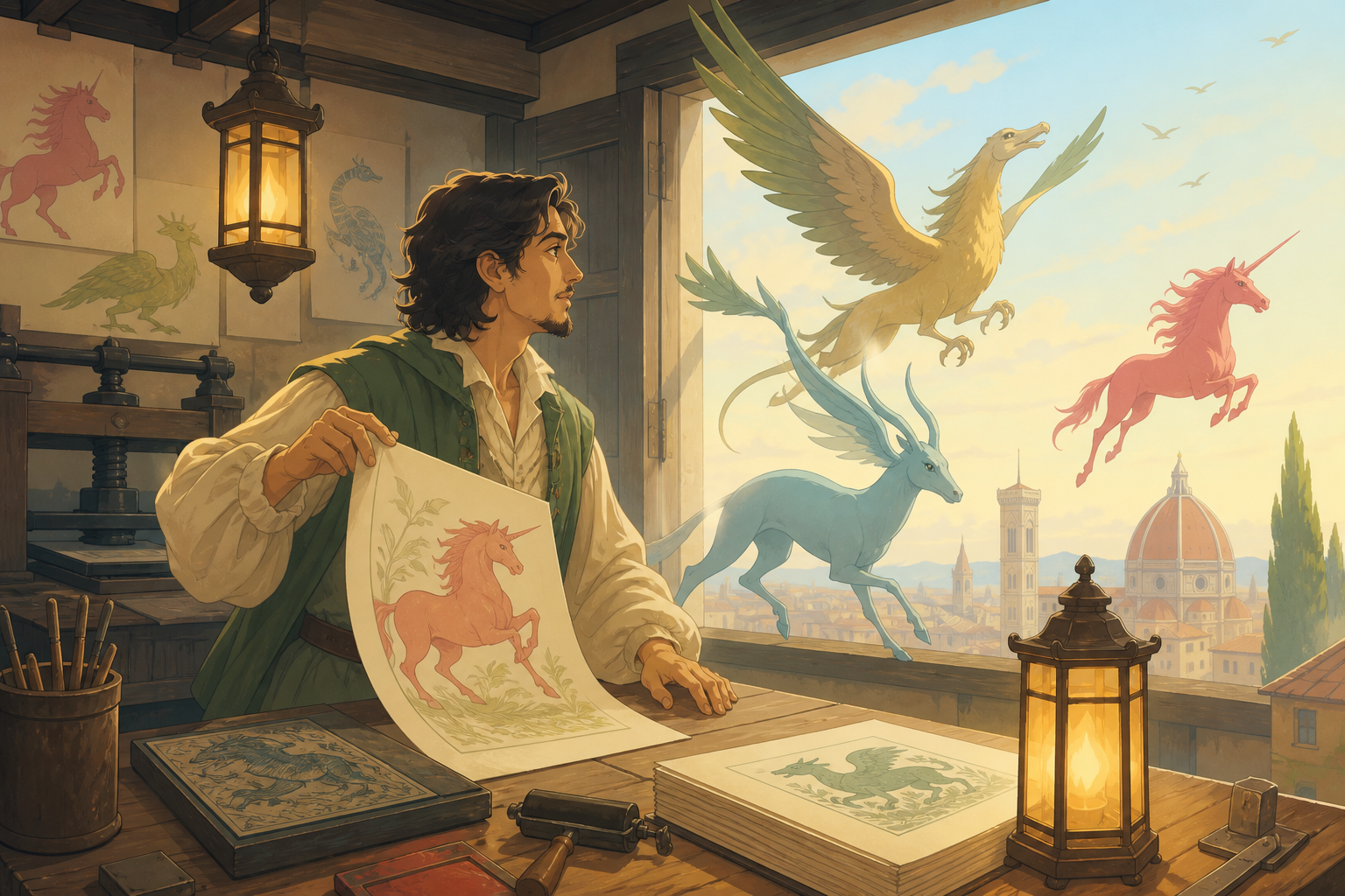 A Renaissance-era printmaker whose illustrated creatures leave the page at night, at dawn after a discovery quietly changes their understanding of the world. Painterly historical scene centered on work, place, and atmosp