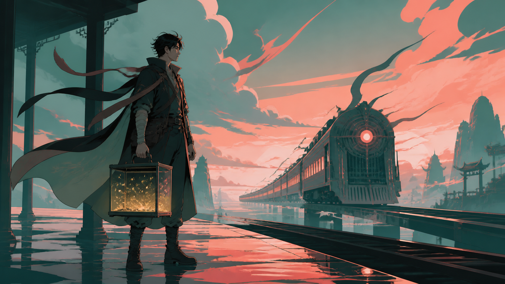 An adult male courier carrying a glass case of captive fireflies, pausing alone on a rain-swept platform while an impossible train arrives. Cinematic medium-wide frame with the environment carrying half the story. Celado