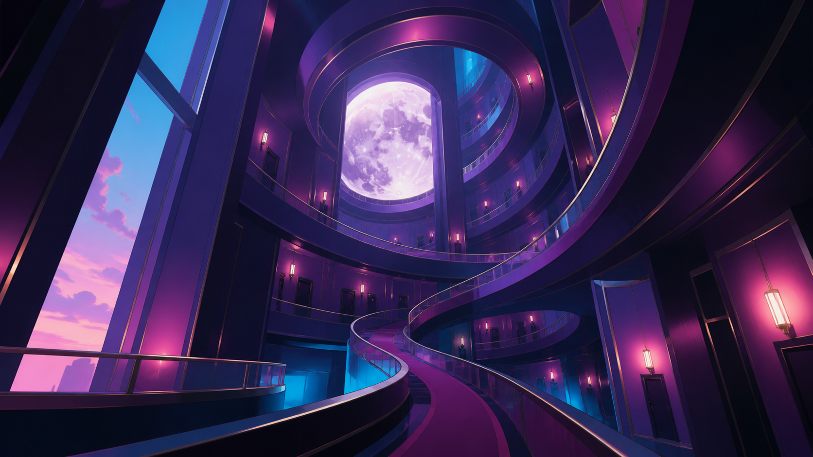 An impossible hotel whose hallways curve around a captive moon, shown empty just before its inhabitants wake. Dramatic vertical composition emphasizing scale and impossible geometry. Saturated magenta, electric cyan, dee