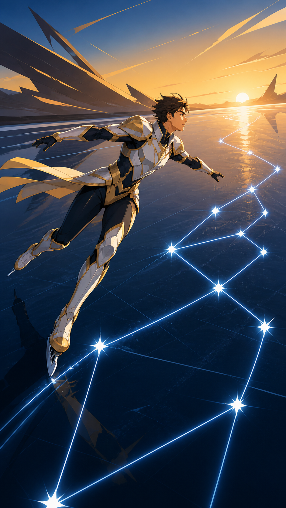 An adult figure skater tracing luminous constellations across black ice, during a decisive final stretch with the environment amplifying the speed. Bold diagonal action composition with ample space ahead of the movement.