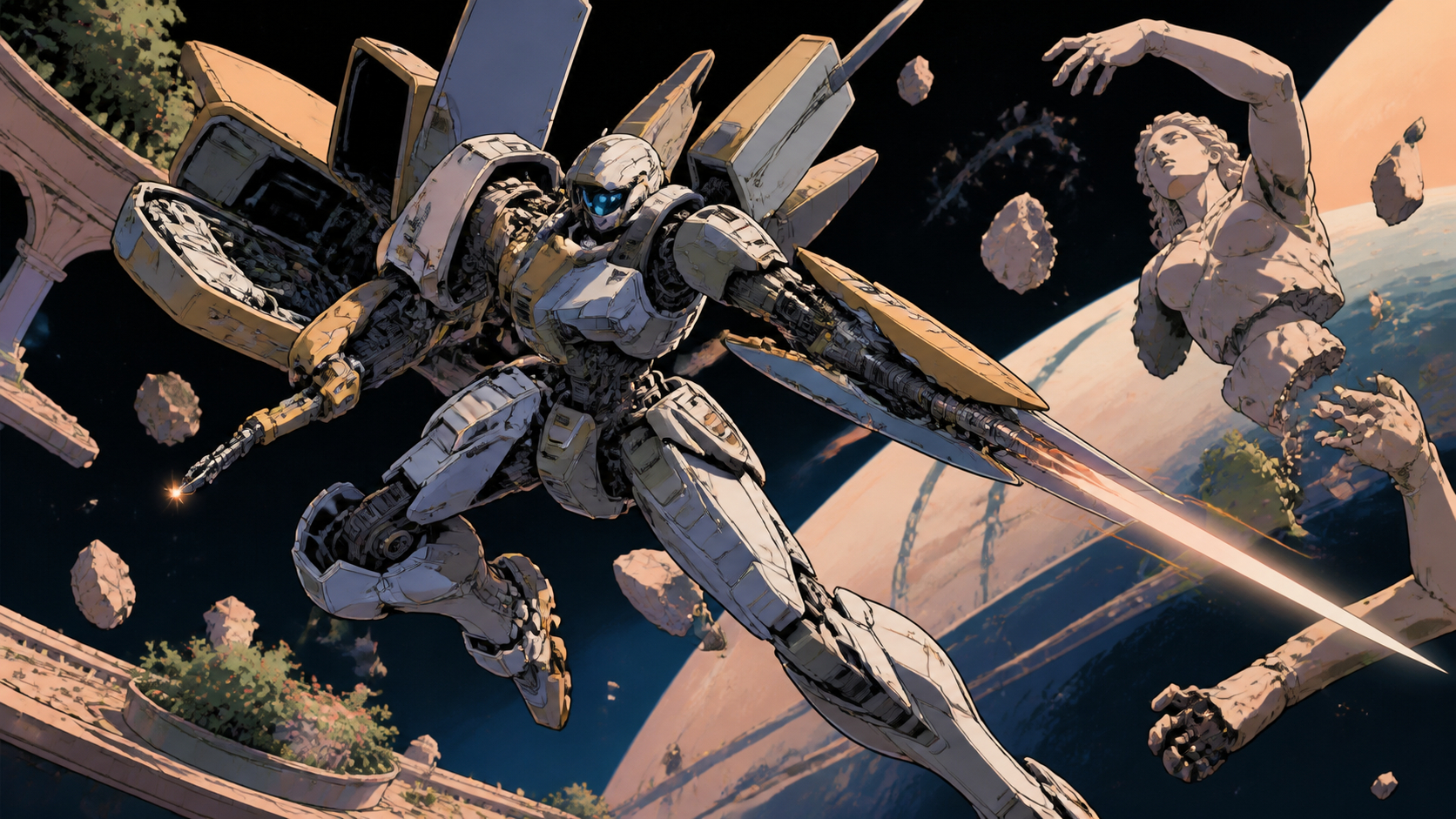 A deep-space maintenance suit unfolding into an asymmetrical combat machine, fighting in zero gravity among fragments of a ruined orbital garden. Wide cinematic action tableau frozen at the clearest dramatic instant. Sun
