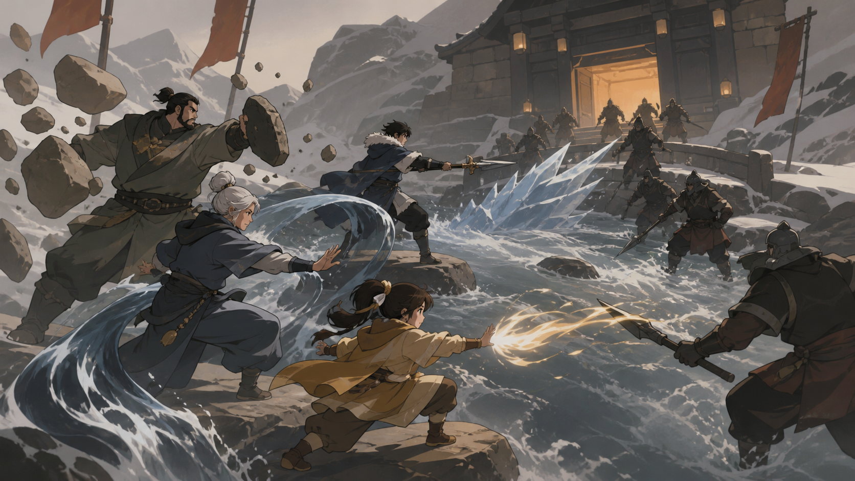 A family of elemental guardians combining powers across a river crossing, during a high-energy but non-gory confrontation. Elevated tactical view with clear paths and coordinated movement. Clay red, sage, faded denim, an