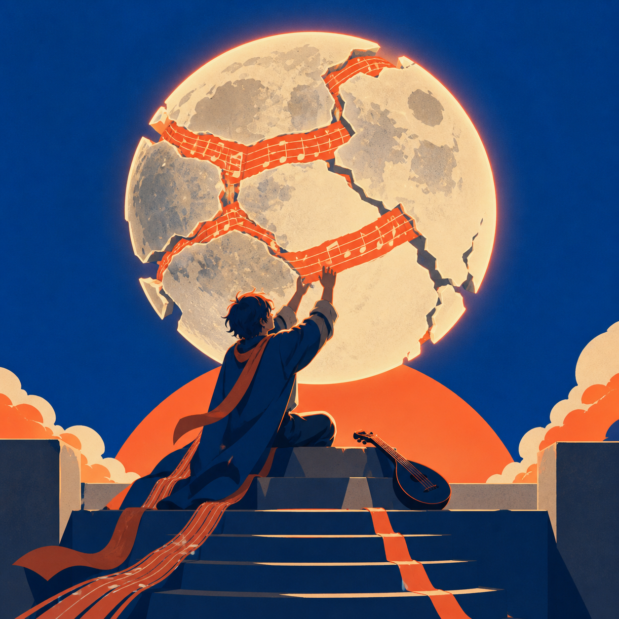 A musician repairing a broken moon with strips of melody, expressing one emotion through a single concrete visual idea. Poetic centered composition built around one symbolic action. Cobalt, persimmon orange, warm concret