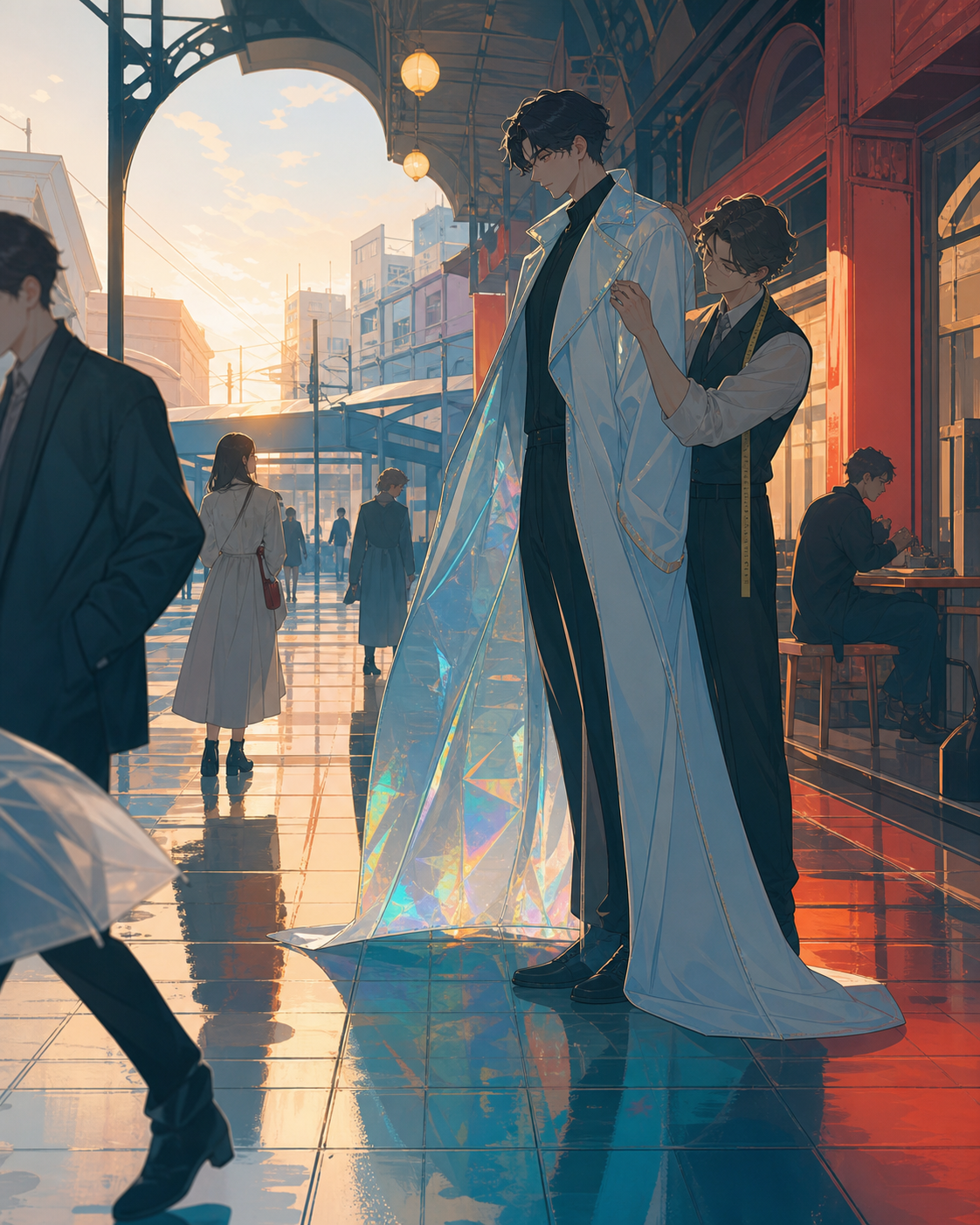 A tailor fitting an impossible coat in a crowded underground arcade, just after rain leaves every street reflecting a different color. Observational street-level frame with foreground movement and a clear focal story. Pi