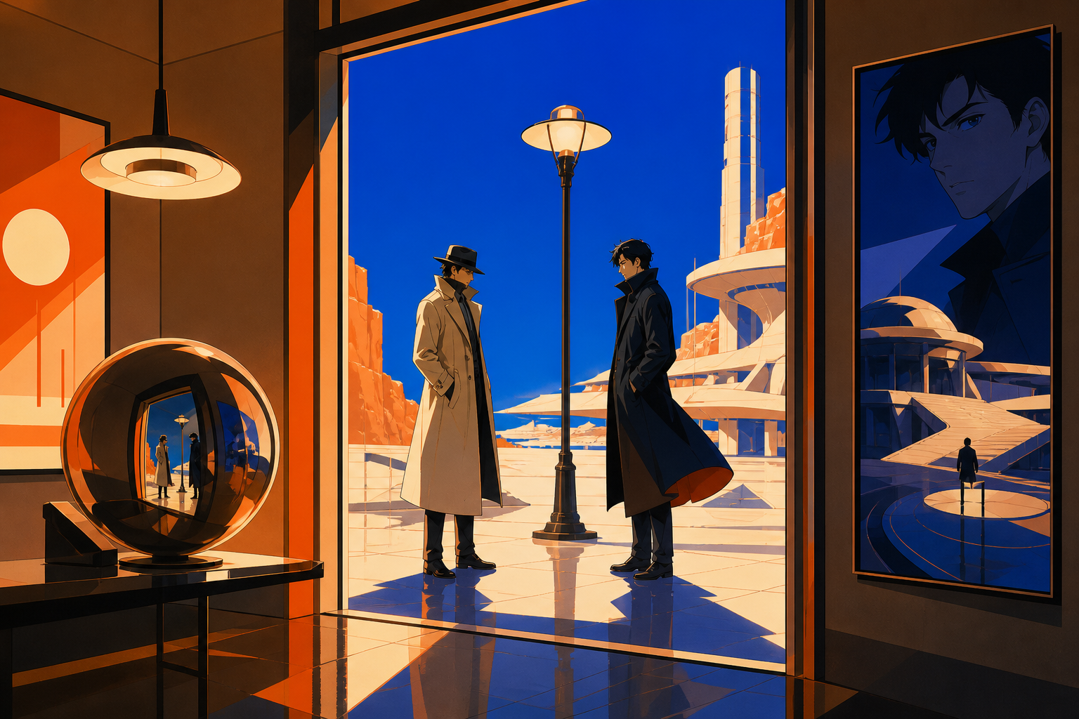 Two rival investigators meeting beneath the last working streetlamp, inside a precise but surreal investigation scene with no violence shown. Cinematic noir frame using doorways and reflected figures to layer the mystery