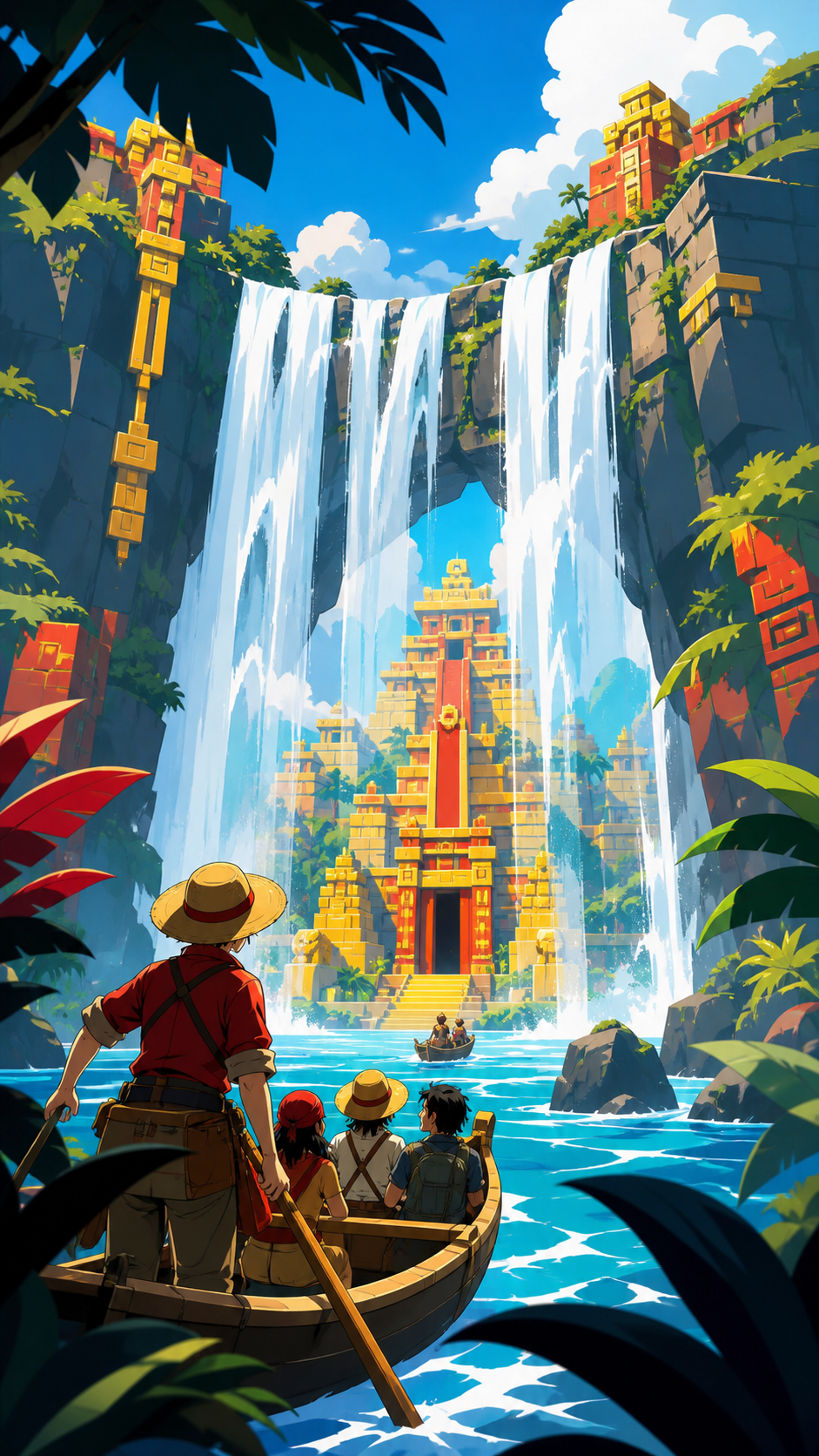 An expedition discovering a bright temple concealed behind a wide waterfall, under clear morning light with every route easy to read. River-level view framed by a few large plants. Pine black, snow blue, cedar red, and l