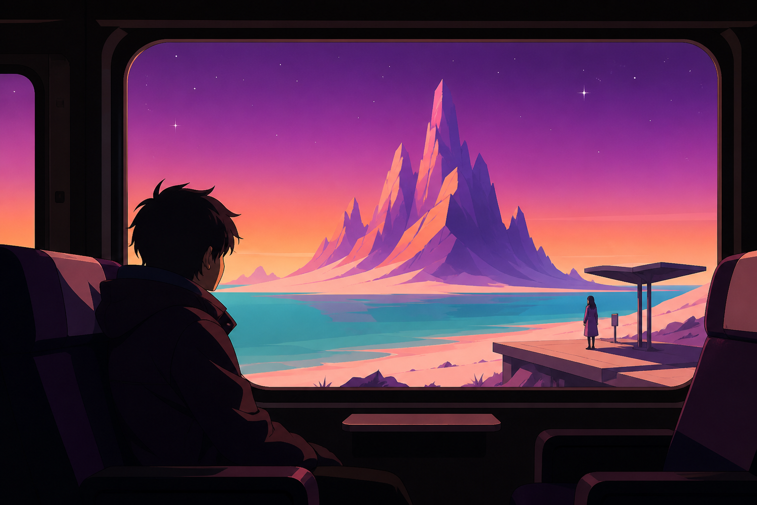 A lone traveler waking as the train passes an impossible island, at a tiny platform where only one passenger is waiting. View across the carriage toward a large landscape-filled window. Apricot, orchid purple, pool turqu