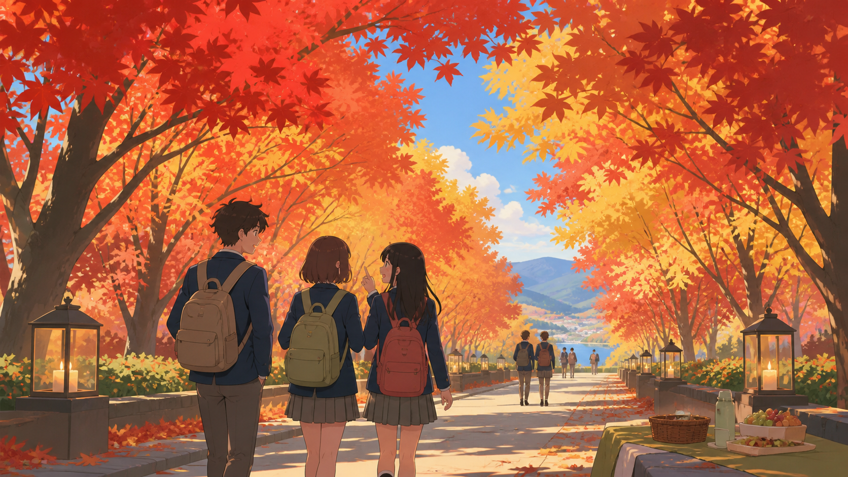 Students walking through a tunnel of vivid autumn maples, with the season communicated through broad clean shapes rather than fine detail. Long avenue perspective beneath an arching canopy. Soft pistachio, butter yellow,