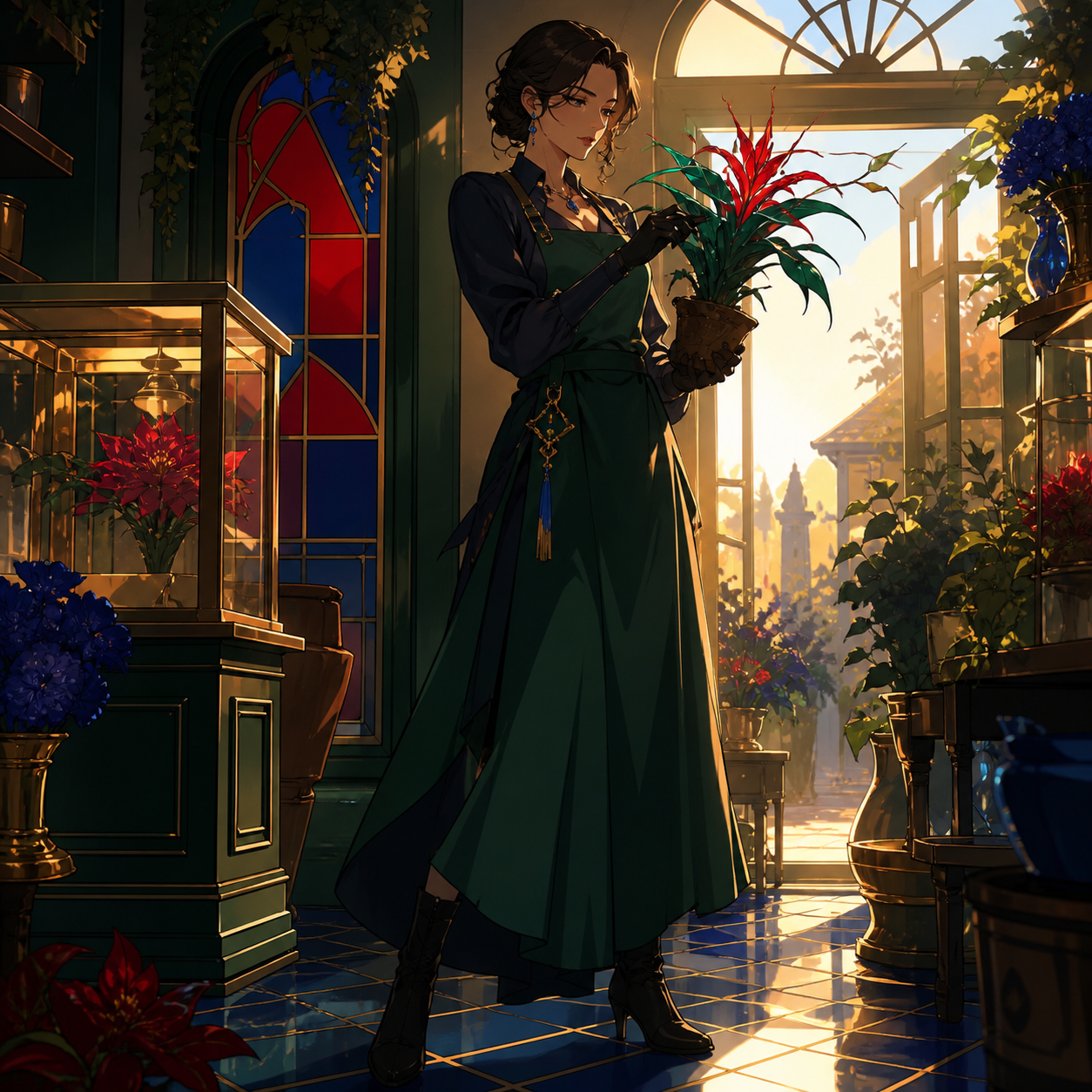 An adult woman florist who quietly cultivates supernatural plants, captured during one unguarded moment in their workplace. Confident full-body editorial portrait with a strong graphic silhouette. Emerald, stained-glass 