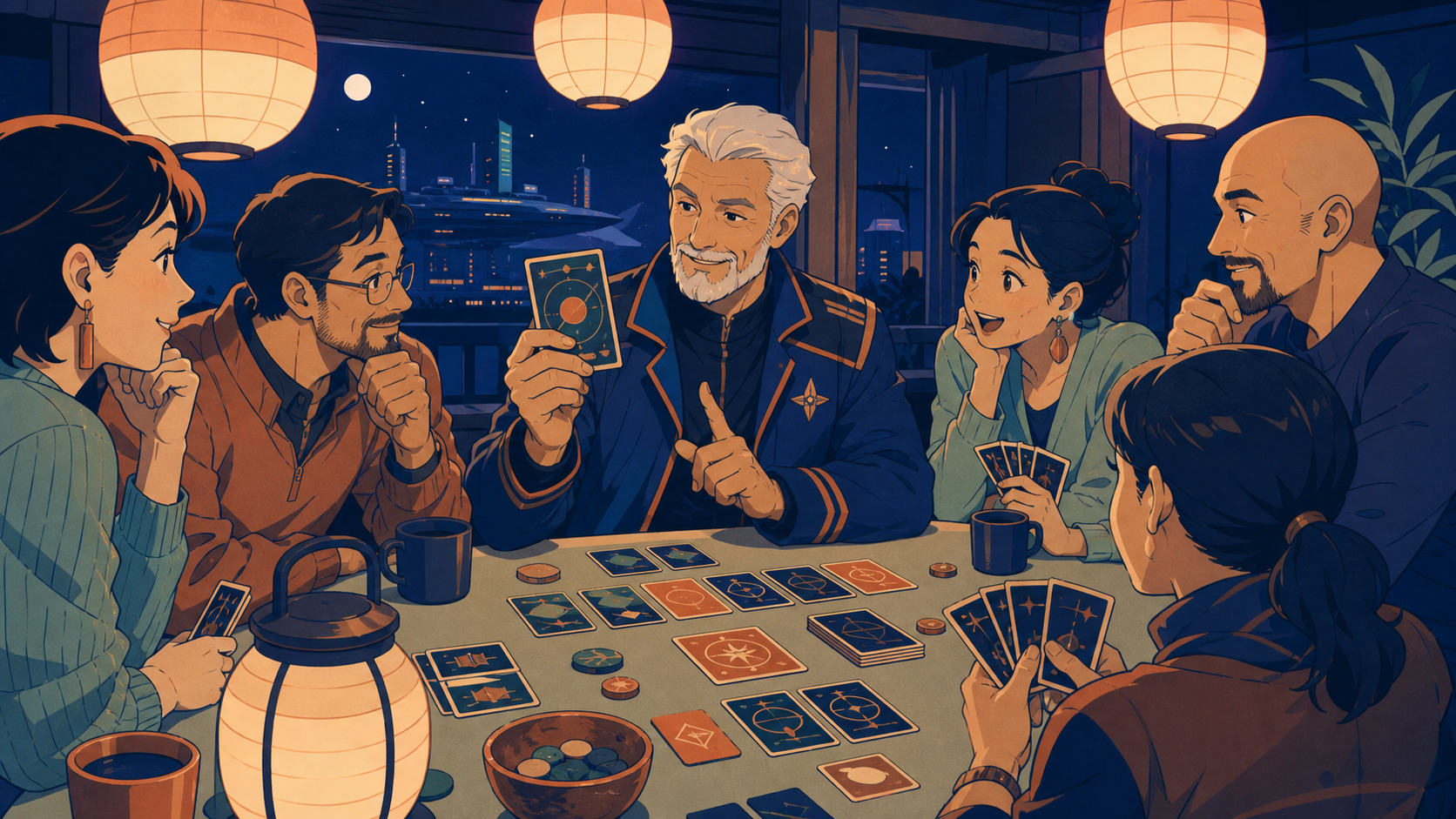 A retired starship captain teaching neighborhood adults an unfamiliar card game, in a relaxed social setting with several connected small moments. Table-level ensemble frame with faces and game equally readable. Moonlit 