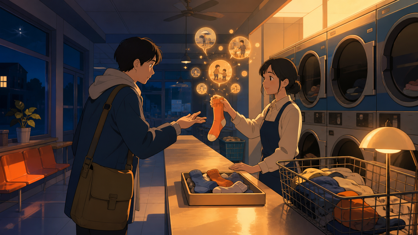 An all-night laundromat where misplaced socks return carrying forgotten memories, at closing time when one final request changes the mood of the room. Observational workplace scene centered on one clear service interacti
