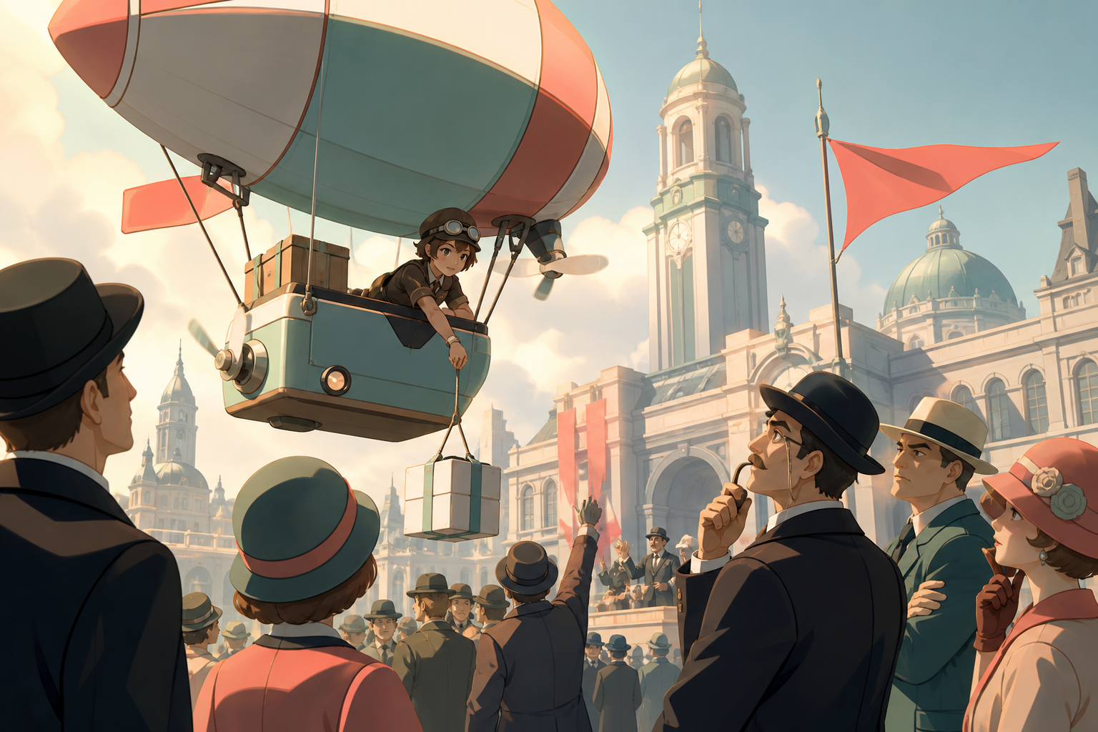 A 1920s city courier delivering packages by compact personal airship, during a public demonstration attended by skeptical adults. Observational workplace view where the unusual machine feels routine. Celadon, coral pink,