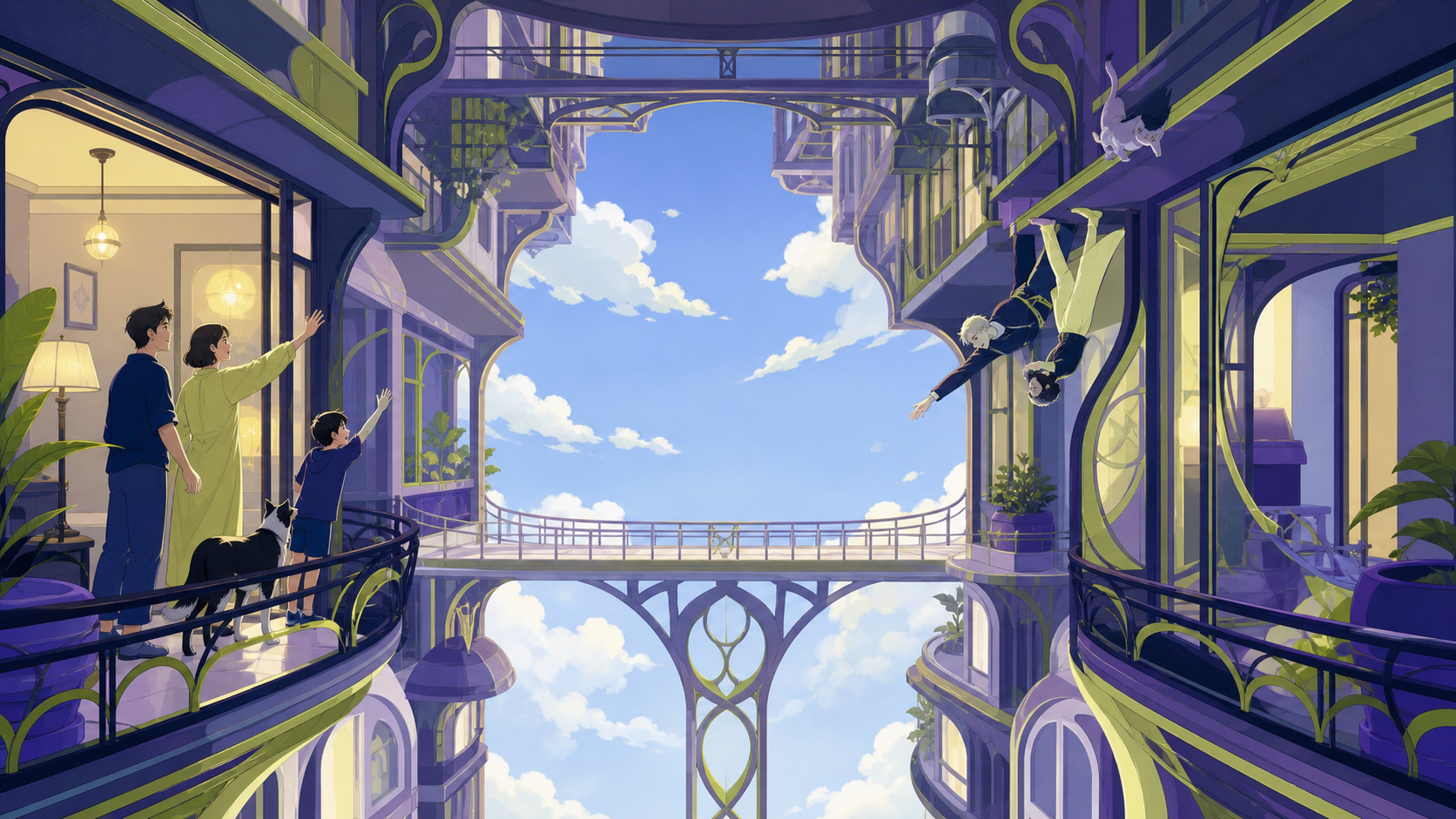 An apartment family greeting neighbors whose gravity runs upward, with both orientations equally livable and visually clear. Vertical bridge view emphasizing the shared open-air center. Acid lime, ultraviolet, matte navy