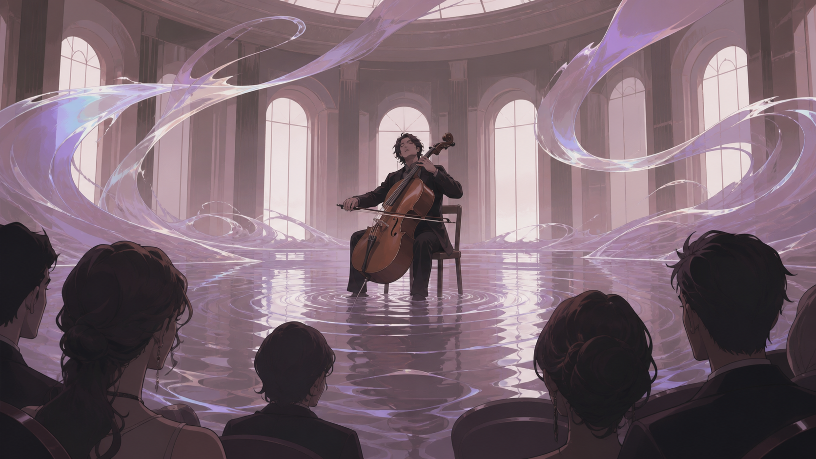 An adult cellist performing alone in a flooded concert hall, seen from within the audience as sound visibly transforms the environment. Intimate low-angle concert view with dramatic foreground silhouettes. Mulberry, tea 