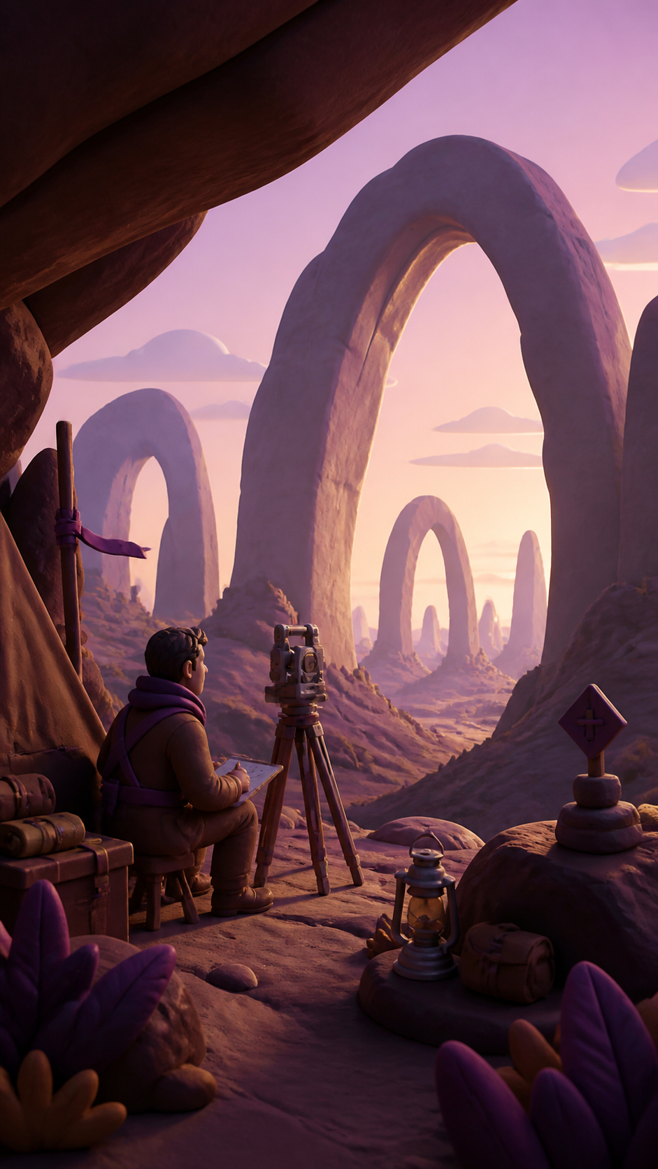An adult surveyor measuring a forest of enormous smooth stone arches, during a practical pause in a longer journey. Medium camp scene opening onto a monumental distant view. Mulberry, tea brown, tarnished silver, and pal