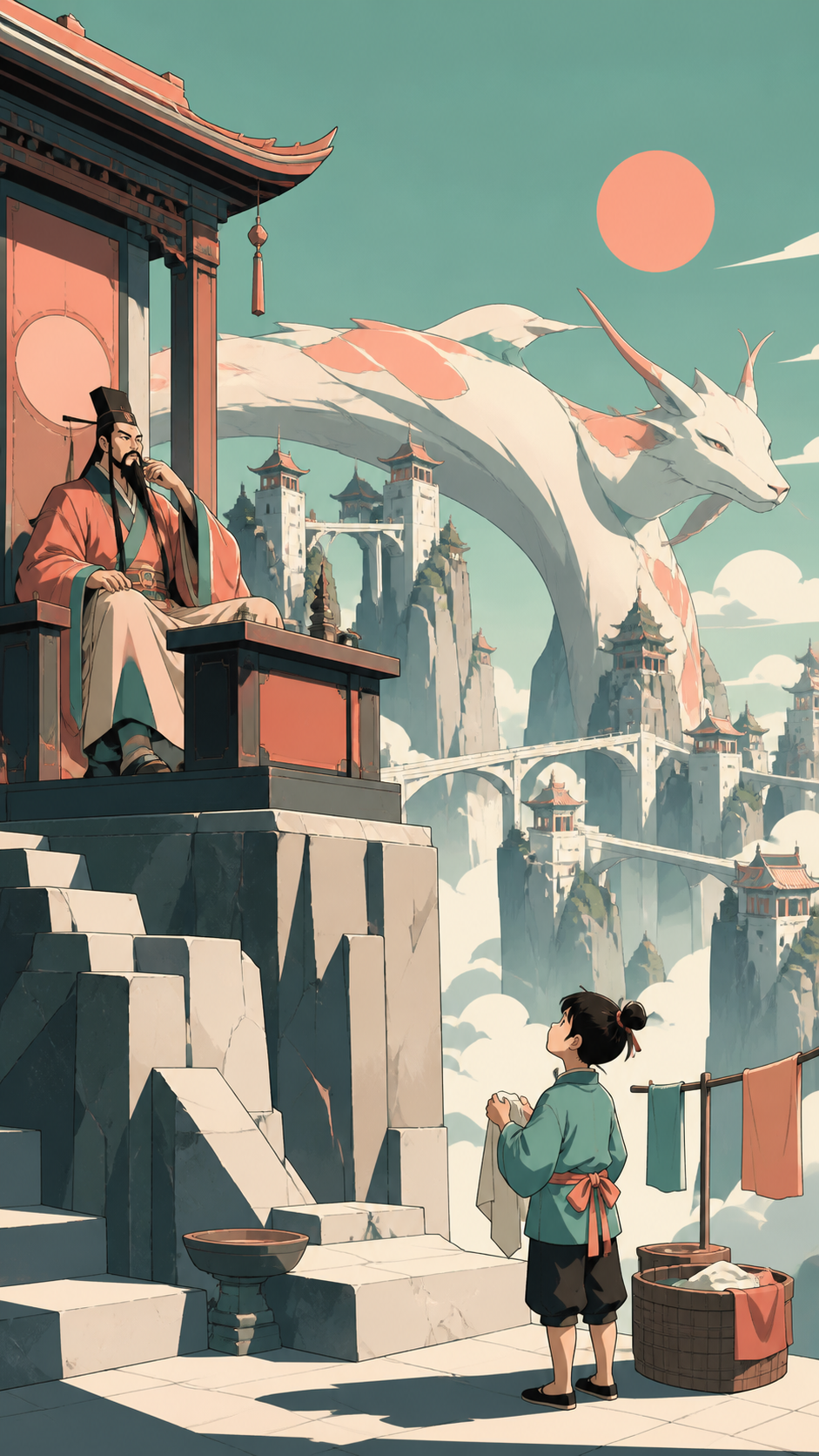 An immortal judge presiding over a city suspended above a sea of light, as an impossible visitor interrupts a humble daily routine. Wide mythic landscape with one giant creature linking distant peaks. Sea-glass green, fa