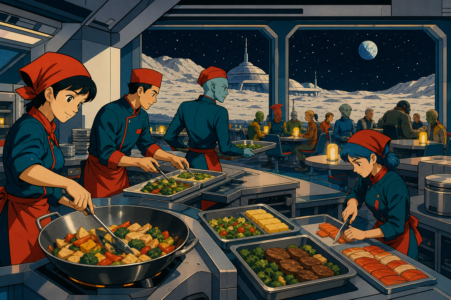 A space-station cafeteria crew handling the lunch rush for many kinds of travelers, during the brief calm immediately before hungry customers arrive. Wide kitchen-and-dining frame linking preparation to the people being 