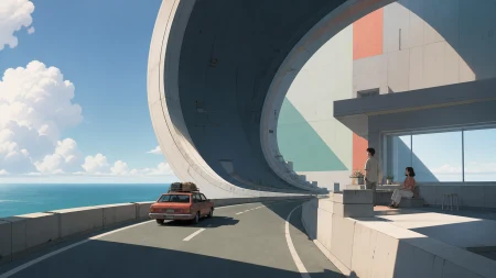 A road trip continuing across the inside and outside of a giant ring, during a calm human moment that grounds the surreal structure. Wide scene structured around one elegant spatia