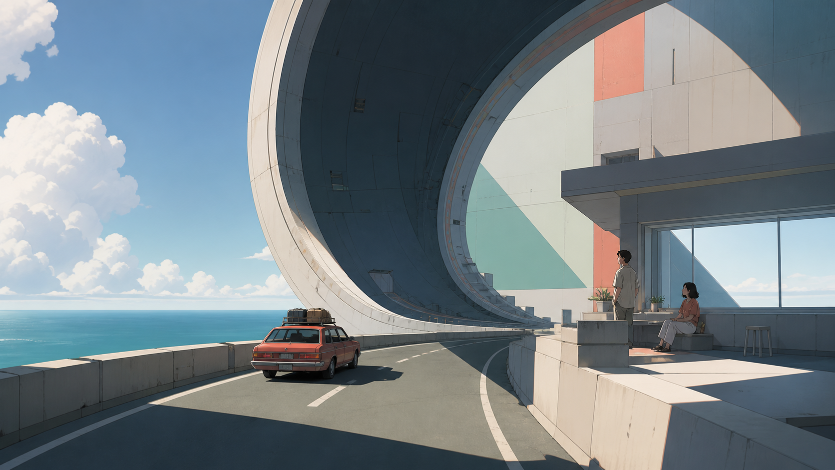 A road trip continuing across the inside and outside of a giant ring, during a calm human moment that grounds the surreal structure. Wide scene structured around one elegant spatial fold. Sea-glass green, faded coral, st
