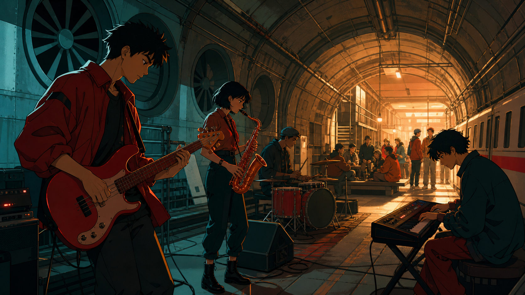 Young musicians performing in a converted maintenance tunnel, during a cooperative project that repurposes old infrastructure. Long tunnel perspective opening into a bright social space. Vermillion, charcoal, warm ivory,