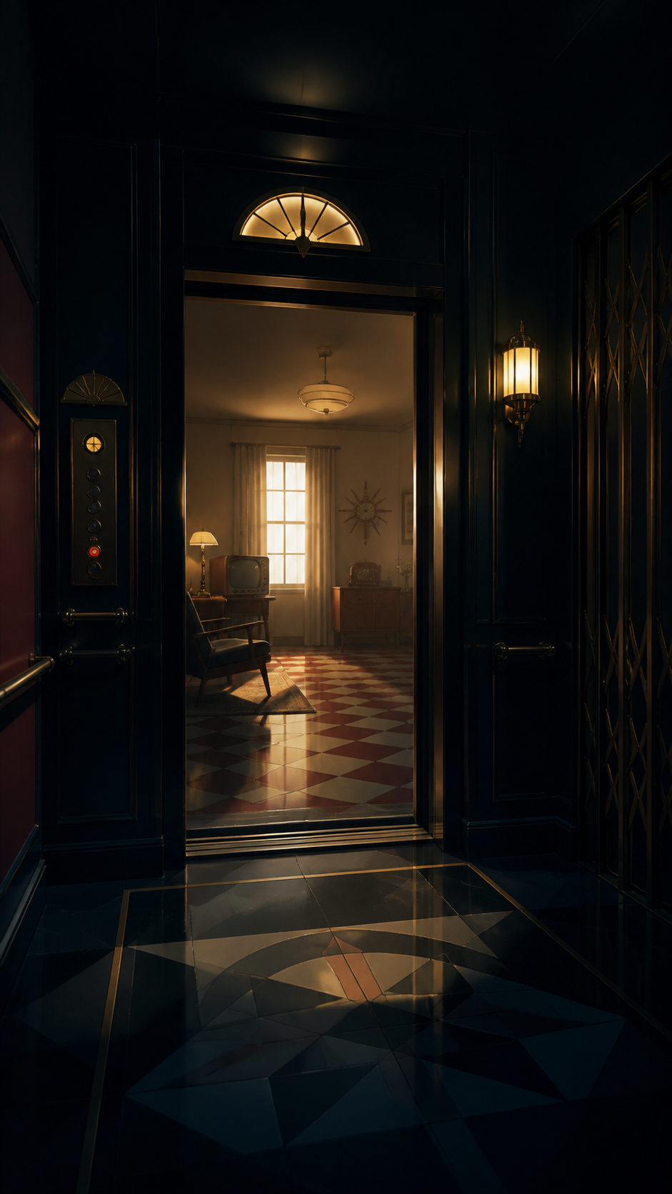An old apartment elevator that opens onto rooms from forgotten decades, quiet and beautiful enough to invite curiosity despite the unease. Suspenseful deep-perspective composition with the threat implied rather than cent