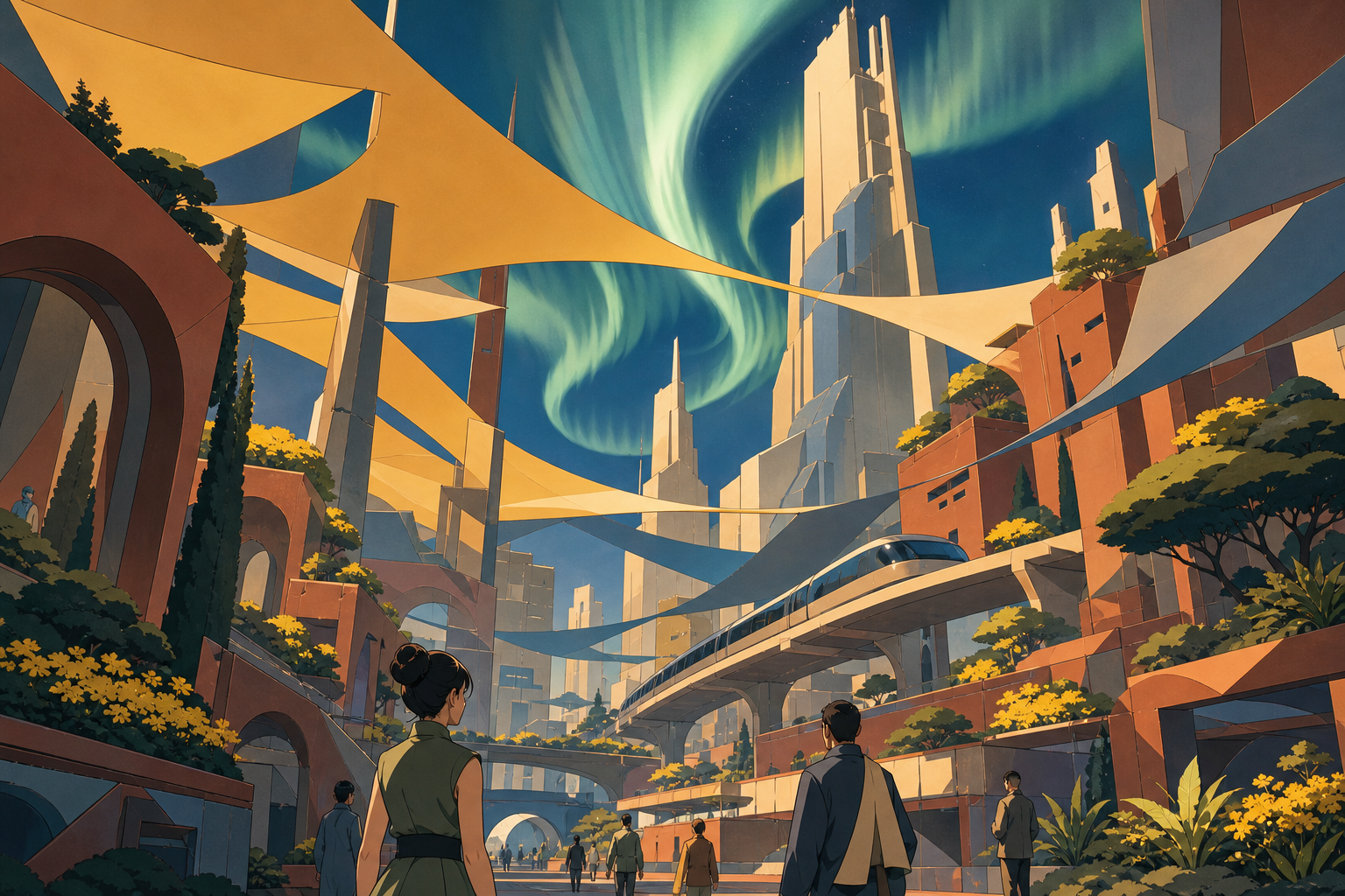 A solar-powered desert city shaded by kilometer-wide silk canopies, as a rare aurora bends around the tallest structures. Street-level cinematic view looking upward through layered architecture. Clay red, sage, faded den