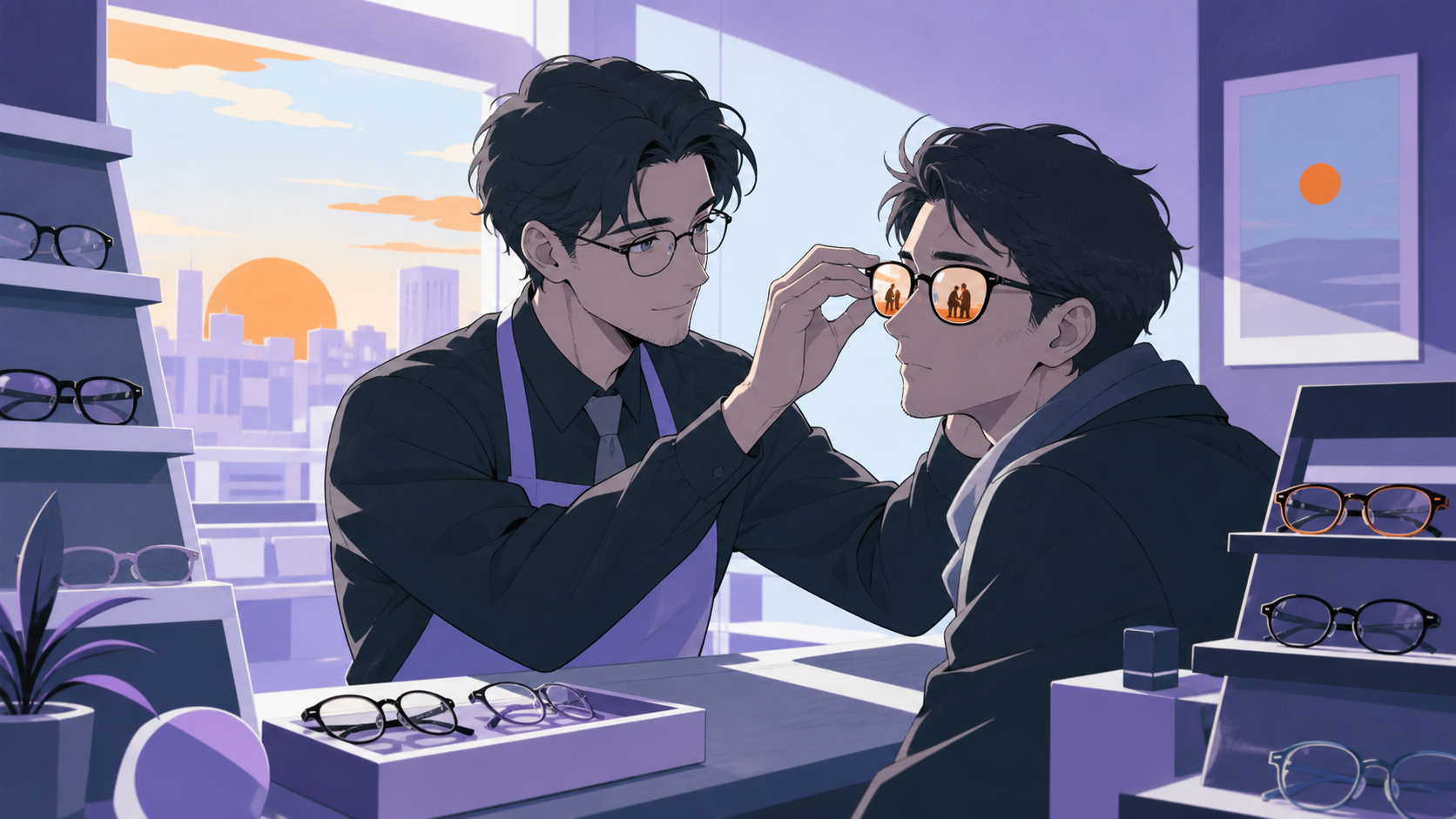 An adult optician fitting spectacles that reveal overlooked kindness, when a familiar customer returns an item for a surprising reason. Counter-level composition with merchandise framing both characters. Pale lavender, i