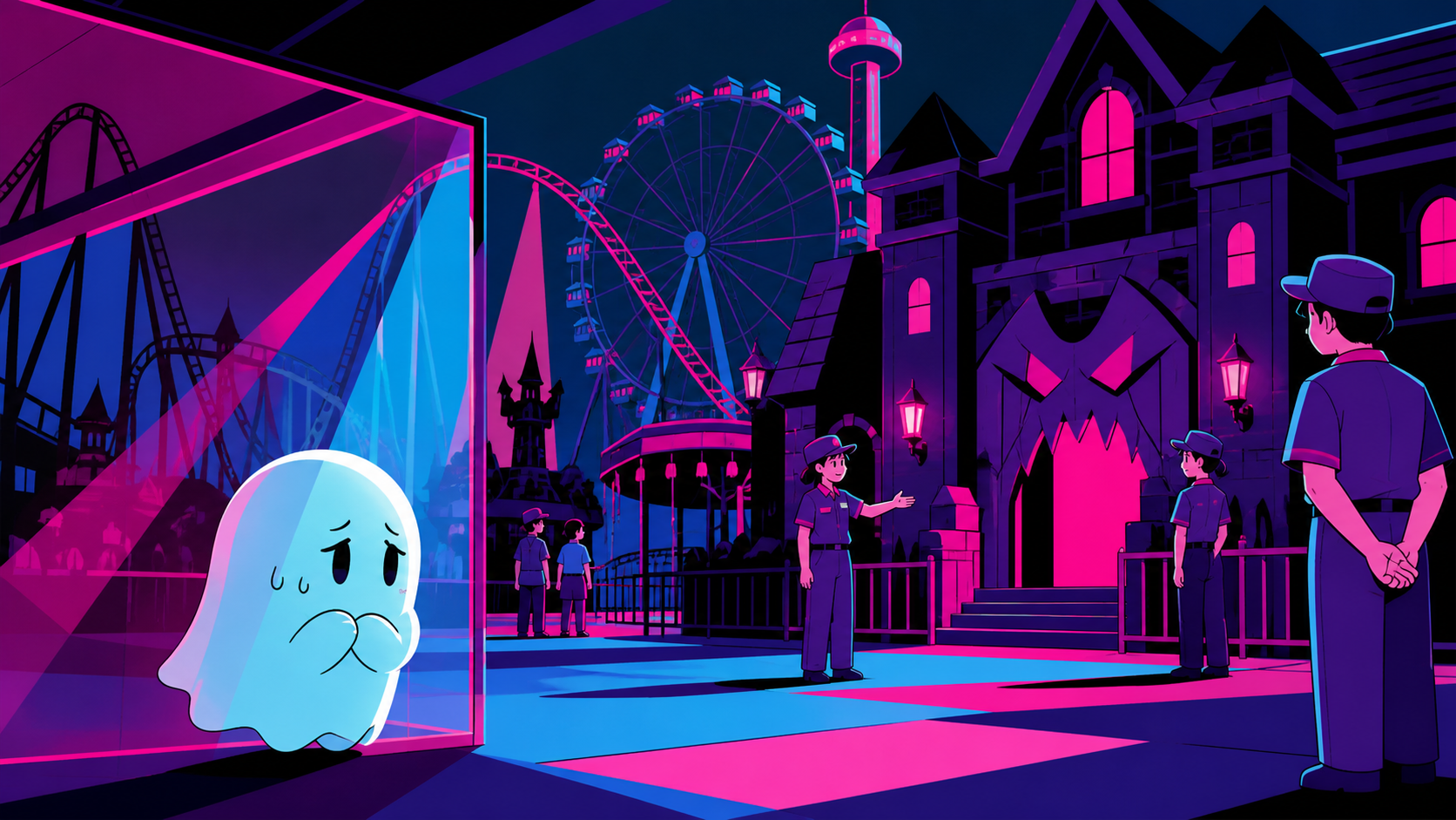 A chibi ghost too nervous to enter the haunted house attraction, on a quiet weekday with more staff than visitors. Wide park panorama anchored by one relationship in the foreground. Saturated magenta, electric cyan, deep