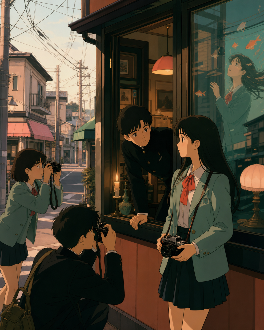 A middle-school photography club documenting unusual reflections, during an ordinary weekday interrupted by one gentle supernatural event. Intimate corner view where one human interaction anchors the city. Celadon, coral