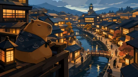 A sleepy capybara inspecting the town's evening cleanup, on a cold evening when every window feels welcoming. Elevated town view following warm windows down toward the river. Amber