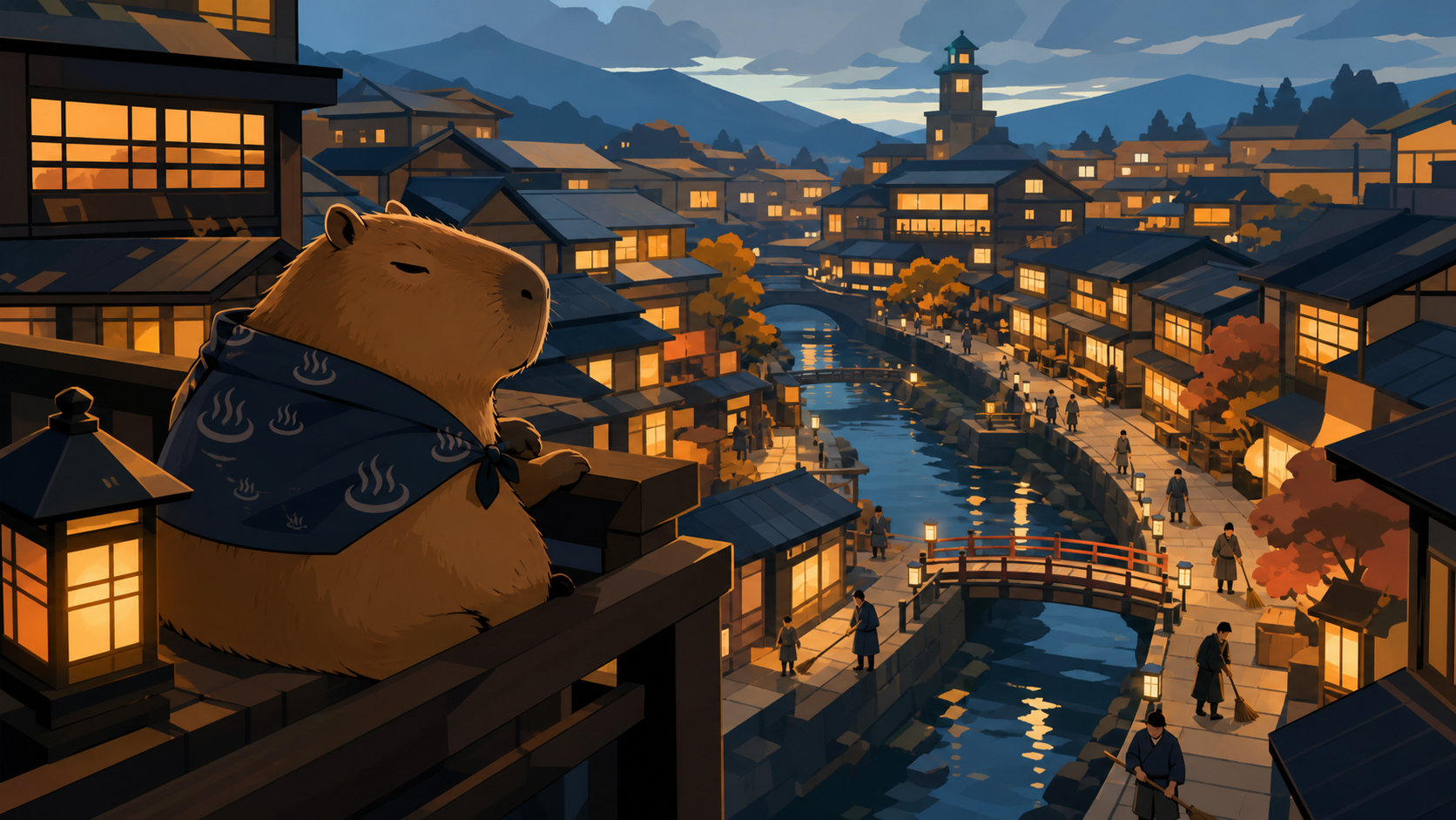 A sleepy capybara inspecting the town's evening cleanup, on a cold evening when every window feels welcoming. Elevated town view following warm windows down toward the river. Amber, walnut brown, rain blue, and tiny cora