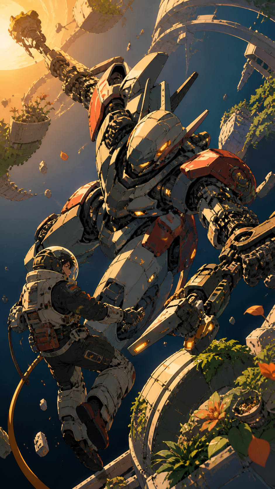 A deep-space maintenance suit unfolding into an asymmetrical combat machine, fighting in zero gravity among fragments of a ruined orbital garden. Wide cinematic action tableau frozen at the clearest dramatic instant. Pet