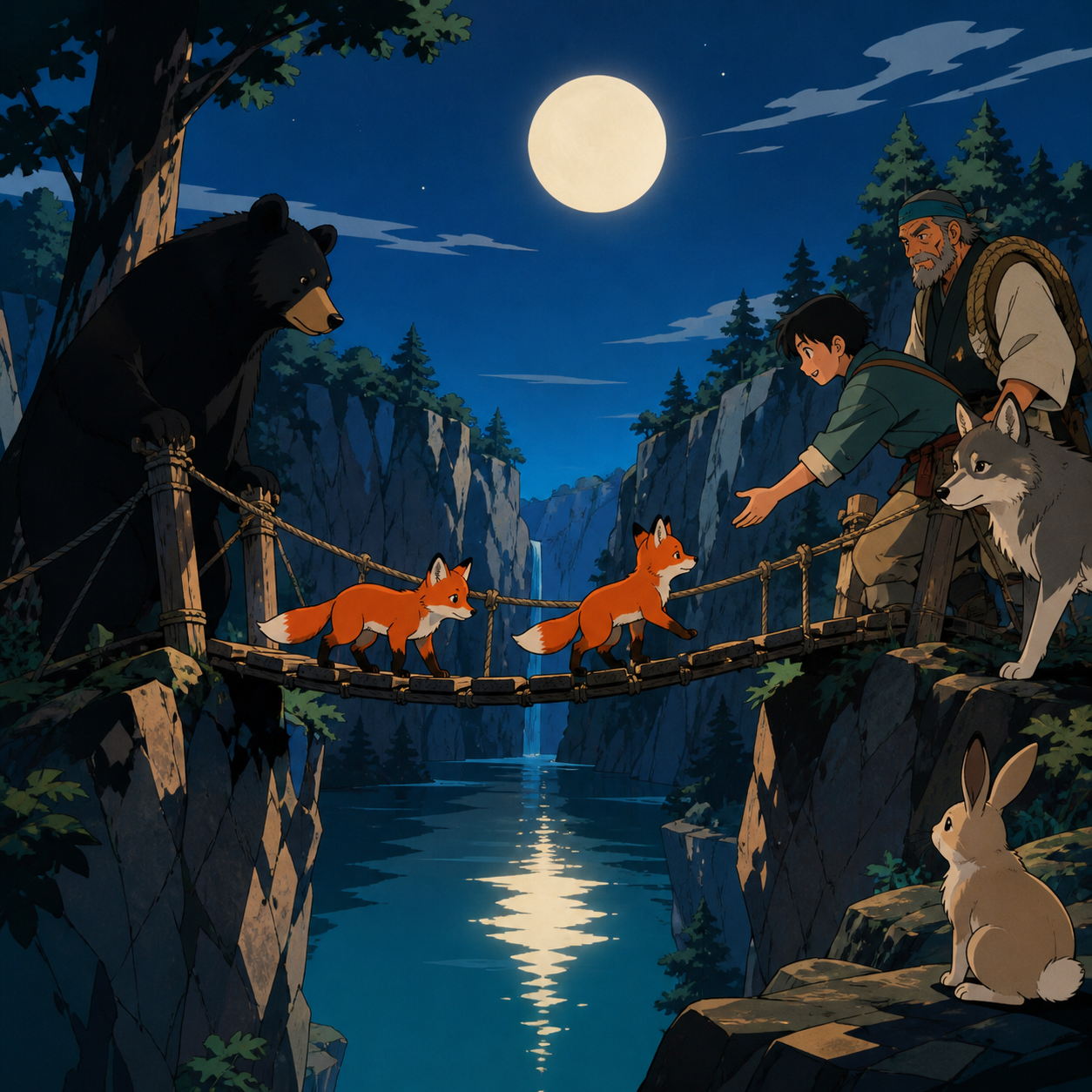 Young foxes learning to cross a suspended forest bridge, as humans and animals solve a practical problem together. Wide habitat view anchored by one clear animal action. Vermillion, charcoal, warm ivory, and weathered te