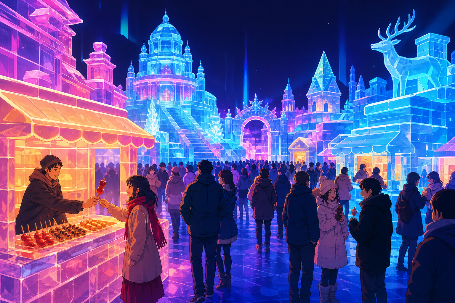 A winter night market carved entirely from colored ice, shown at its busiest while one quiet interaction anchors the scene. Immersive crowd-level panorama with clear focal lighting. Saturated magenta, electric cyan, deep