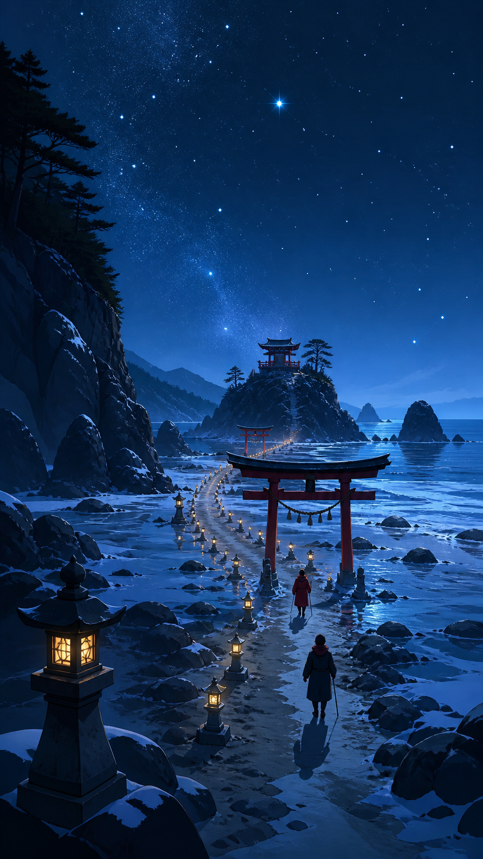 A coastal shrine path uncovered only during the lowest winter tide, with sparse human activity grounding an otherwise expansive landscape. Tranquil landscape panorama with a strong foreground-to-distance rhythm. Pine bla