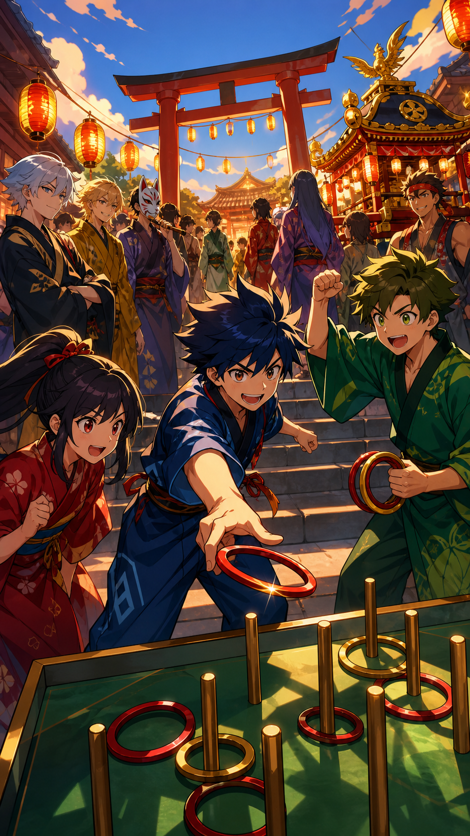 Teen friends competing at a ring-toss stall before the evening parade, during late afternoon as lanterns begin to glow. Lively street-wide ensemble with one clear foreground interaction. Emerald, stained-glass ruby, lapi