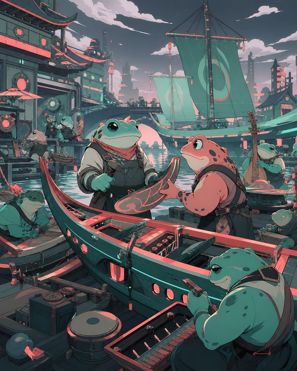 A riverside town where round amphibian artisans build musical boats, shown with sophisticated worldbuilding rather than mascot posing. Busy civic tableau with one central interaction guiding the eye. Sea-glass green, fad