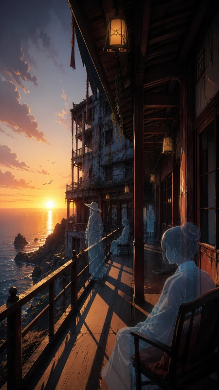 A seaside hotel where translucent guests patiently wait for sunrise, quiet and beautiful enough to invite curiosity despite the unease. Suspenseful deep-perspective composition wit