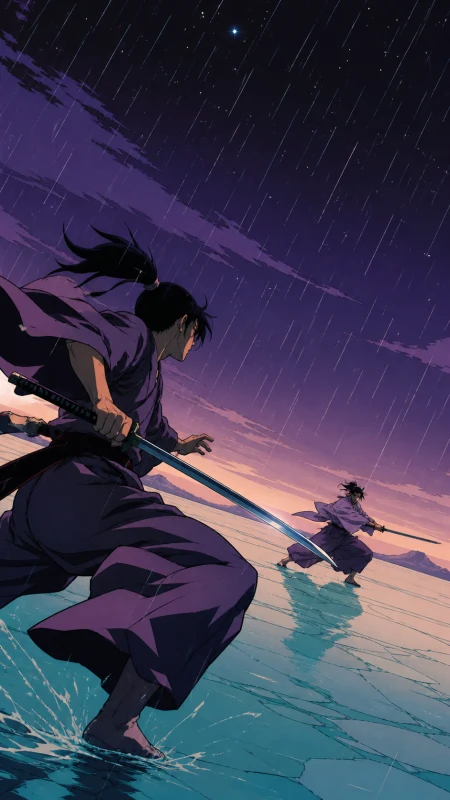 Two martial artists performing a ceremonial exhibition in heavy rain, during a decisive final stretch with the environment amplifying the speed. Bold diagonal action composition wi