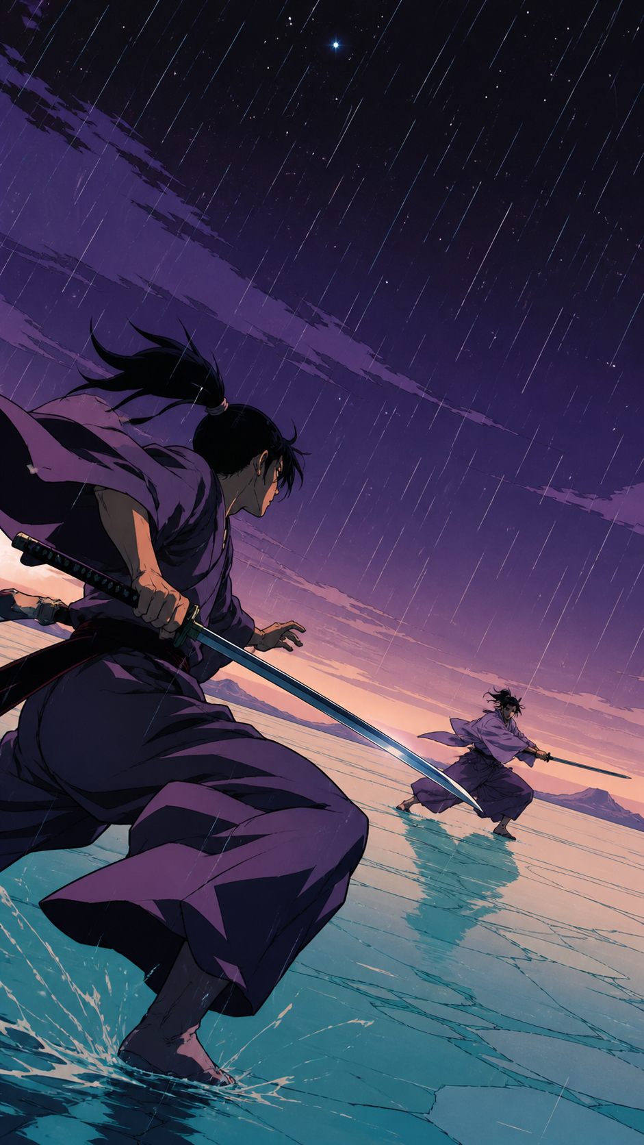 Two martial artists performing a ceremonial exhibition in heavy rain, during a decisive final stretch with the environment amplifying the speed. Bold diagonal action composition with ample space ahead of the movement. Ap