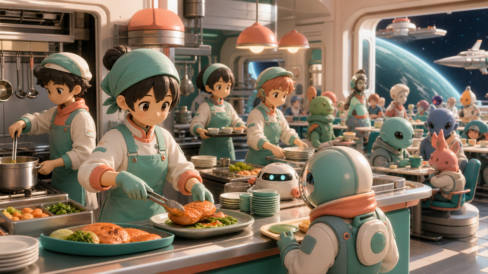 A space-station cafeteria crew handling the lunch rush for many kinds of travelers, in a compact kitchen where every movement has a practical purpose. Wide kitchen-and-dining frame linking preparation to the people being