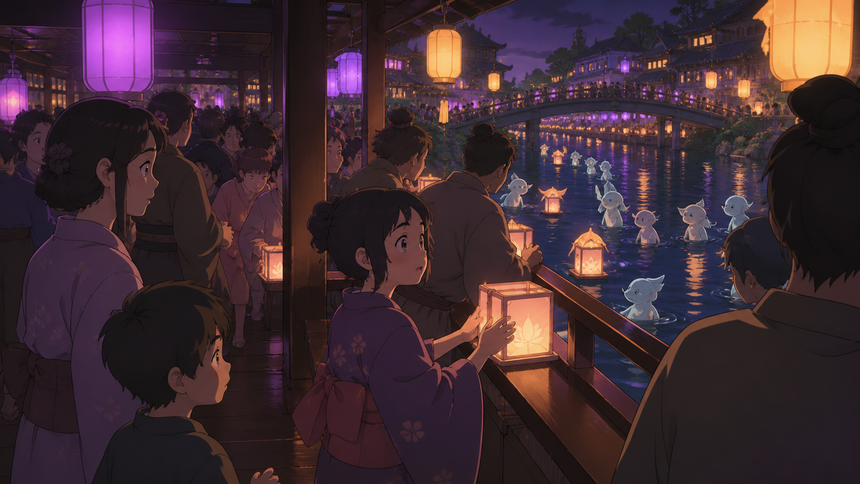 A river lantern festival attended by humans and shy water spirits, from an unusual vantage point within the crowd rather than above it. Immersive crowd-level panorama with clear focal lighting. Mulberry, tea brown, tarni