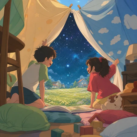 Siblings building a blanket fort that opens onto a starry field, with a trusted home or neighborhood always visible nearby. Child-height viewpoint making the discovery feel monumen