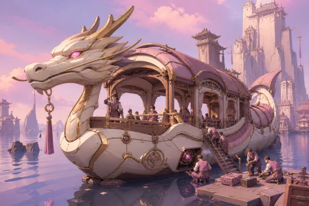 A dragon-shaped riverboat transporting travelers through a flooded kingdom, undergoing a small roadside repair in a vast unfamiliar landscape. Grand three-quarter vehicle view embe