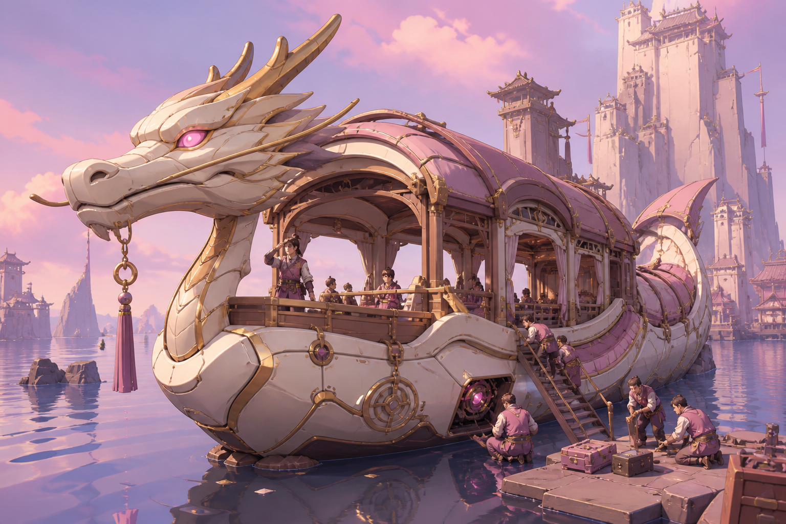 A dragon-shaped riverboat transporting travelers through a flooded kingdom, undergoing a small roadside repair in a vast unfamiliar landscape. Grand three-quarter vehicle view embedded naturally in its route. Muted rose,