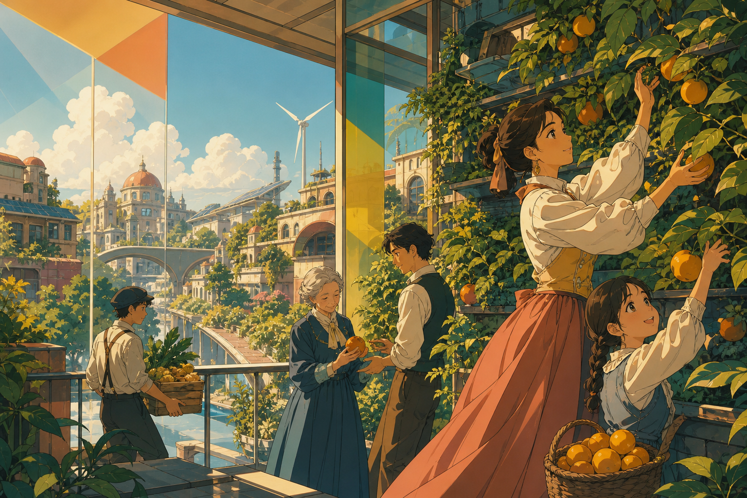 Neighbors harvesting fruit from a vertical apartment orchard, during collaborative everyday work in a hopeful future. Elevated neighborhood view showing connected sustainable systems. Clay red, sage, faded denim, and sun