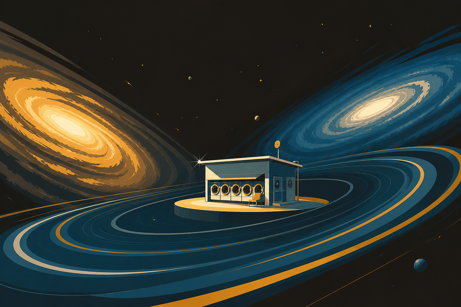 A quiet laundromat orbiting alone between two galaxies, at the calm center of a vast gravitational phenomenon. Expansive widescreen composition with strong negative space. Saffron, peacock blue, dark umber, and chalk whi